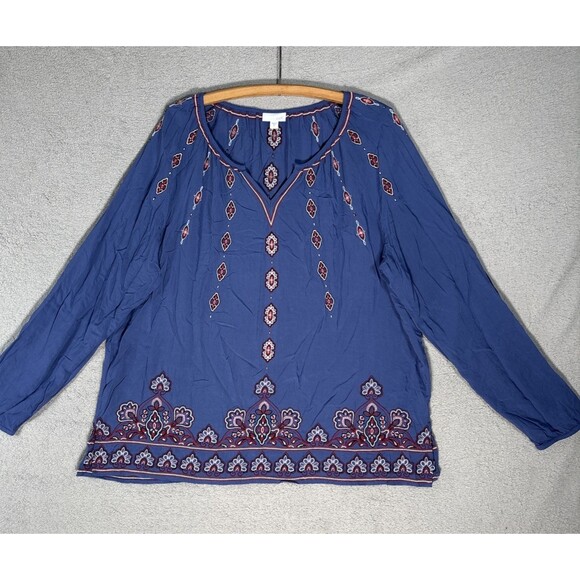 J Jill Tunic Peasant Top Women’s Size XL Blue Embroidered Boho Resort Geometric - Picture 1 of 14